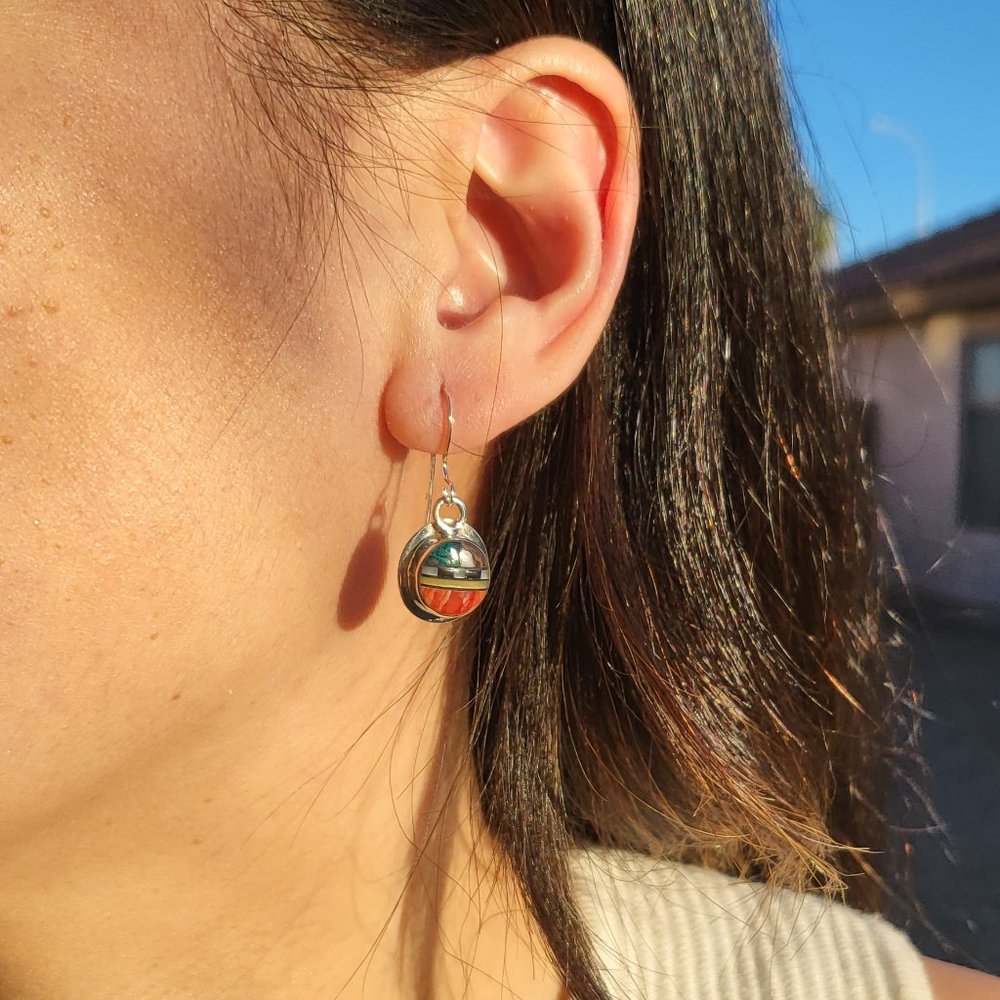 Zuni Sun Face Inlay Turquoise & Spiny Oyster Dangle Earrings NA Handmade Jewelry - Picture 8 of 8